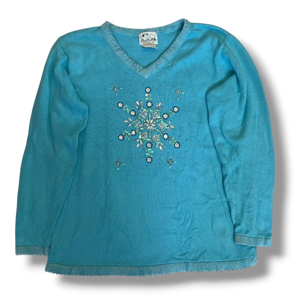 Quacker Factory XL Blue Snowflake Beaded Sweater Angora Blend Holiday